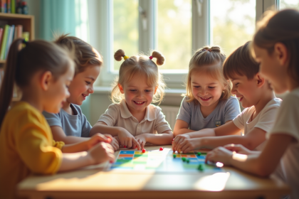 Jeunes enfants jouant à un jeu éducatif en classe lumineuse