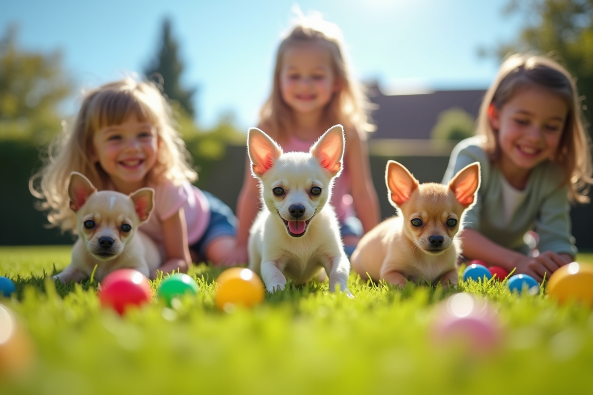Enfants jouant avec trois chiots chihuahua dans le jardin ensoleille