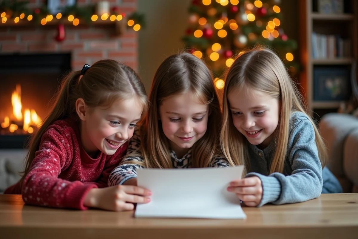 Trois enfants lisant ensemble la lettre de réponse du Père Noël sans jalousie