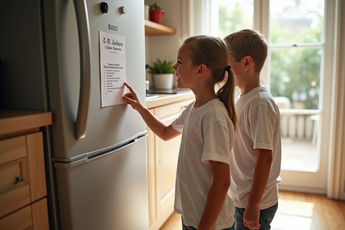 Deux enfants pointant avec enthousiasme le commandements sur le frigo