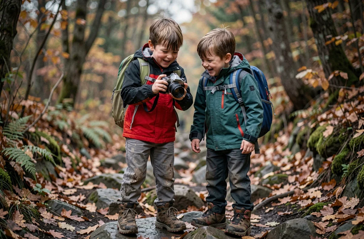 Deux enfants en randonnée découvrant un appareil photo numérique robuste pour enfant en forêt automnale