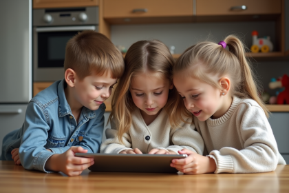 Enfants assis à une table de cuisine avec tablettes