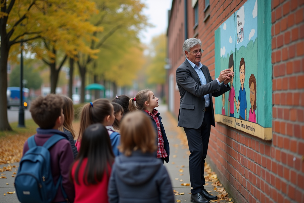 Enseignant avec enfants devant un mur illustré en extérieur