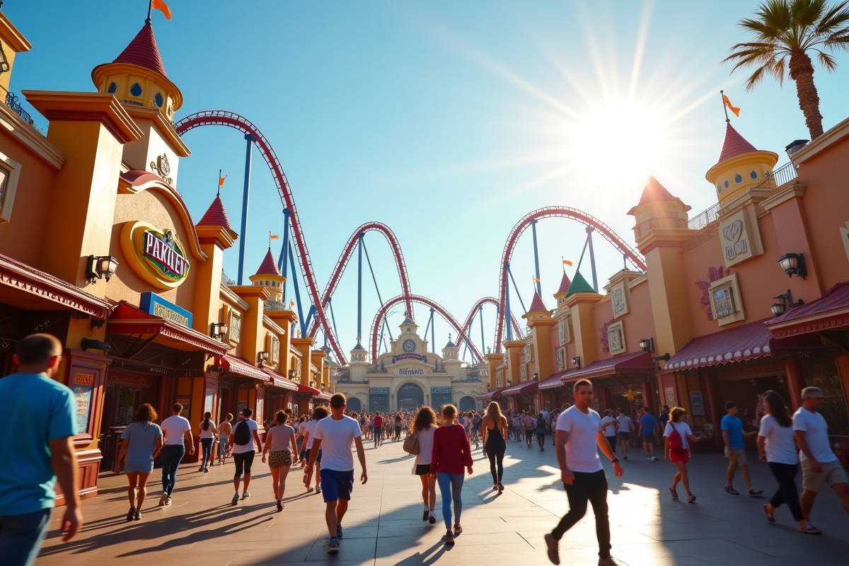 Entrée animée d'un parc d'attractions le matin avec familles souriantes