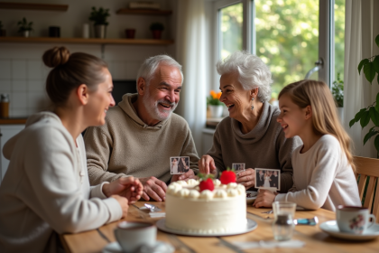 Famille de quatre autour d'un gâteau anniversaire et photos anciennes