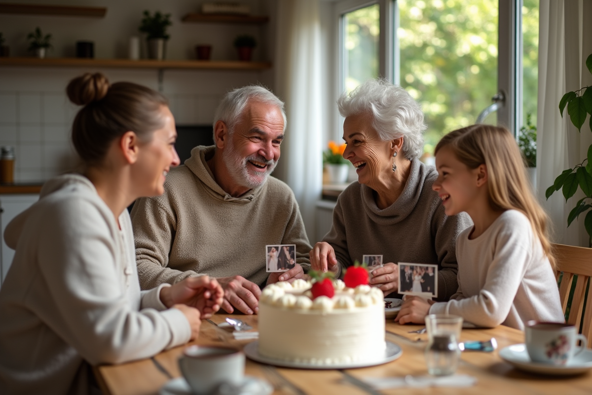 Famille de quatre autour d'un gâteau anniversaire et photos anciennes
