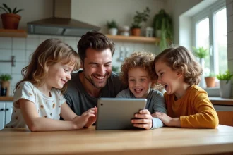 Famille souriante dans une cuisine moderne et lumineuse