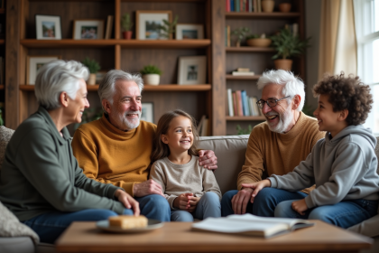 Famille multigenerationale réunie dans un salon chaleureux