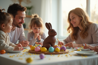 Famille décorant des œufs de Pâques dans un salon lumineux