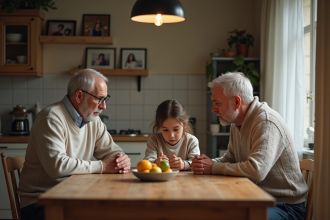 Famille assise à table dans une cuisine chaleureuse