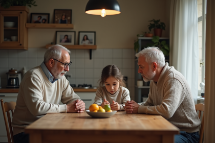 Famille assise à table dans une cuisine chaleureuse
