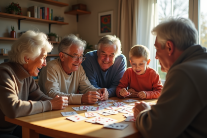 Famille multigenerations jouant au rummy dans un salon chaleureux