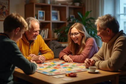 Famille jouant à la Bonne Paye autour d'une table en bois avec billets colorés et plateau de jeu visible