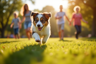 Famille jouant avec un chiot australien dans un parc ensoleille