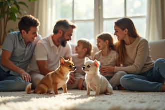 Famille multigenerations souriante avec deux chiots chihuahua dans le salon