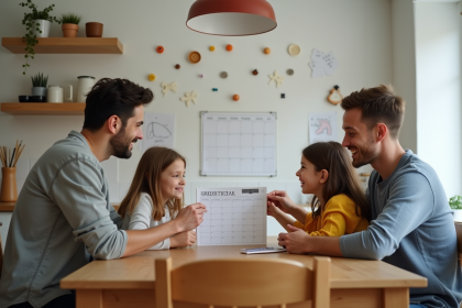 Famille de quatre organise un planning familial dans une cuisine lumineuse
