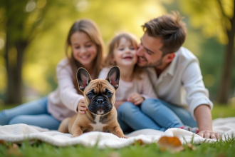 Famille jouant avec un chiot bouledogue français en plein air