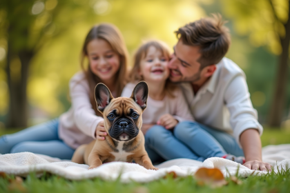 Famille jouant avec un chiot bouledogue français en plein air