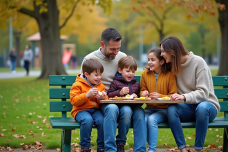 Famille souriante partageant un pique-nique dans un parc