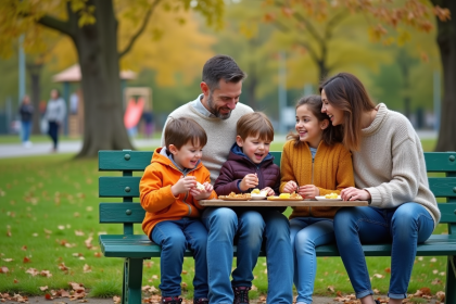 Famille souriante partageant un pique-nique dans un parc