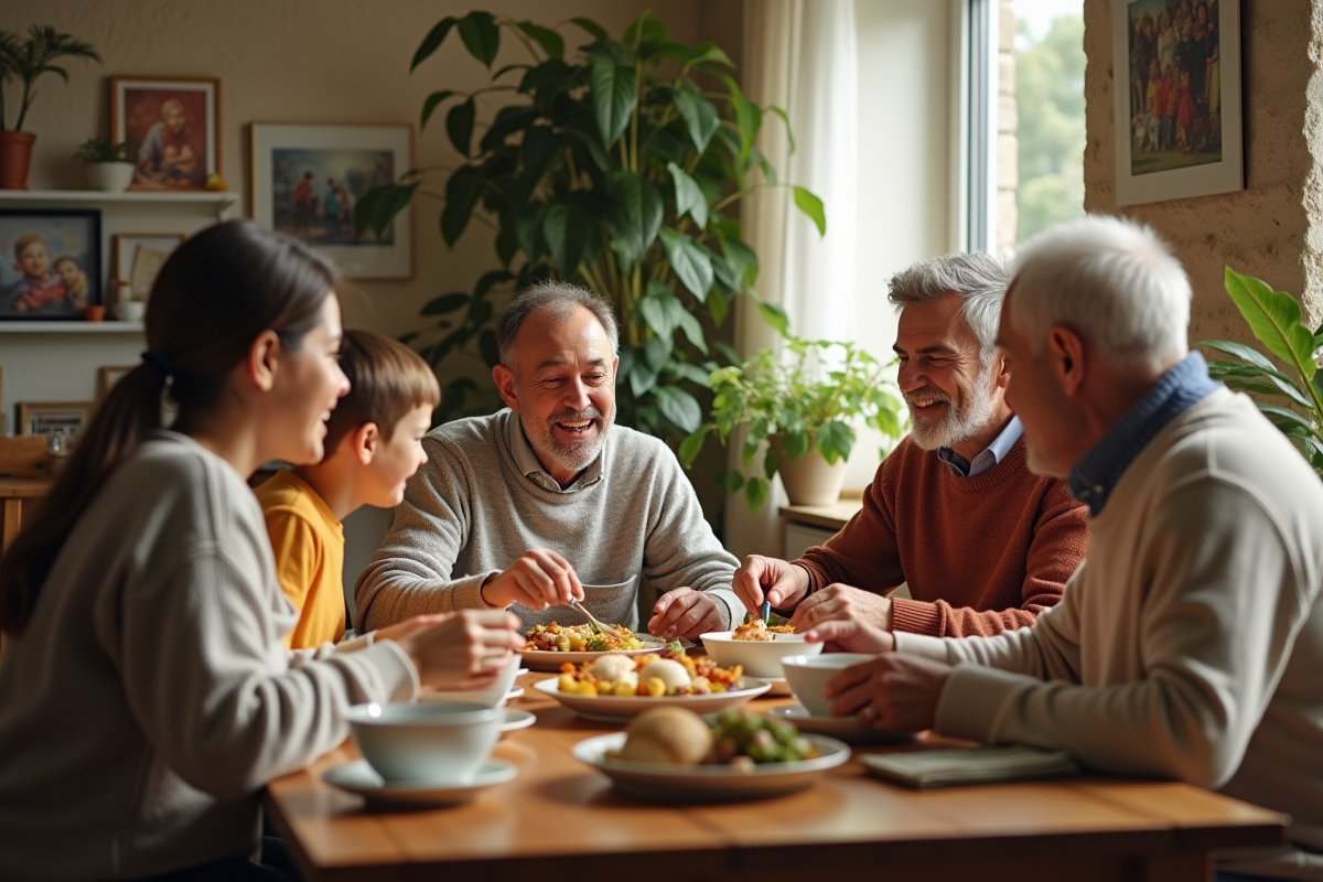 Famille multigenerational partageant un repas convivial à la maison