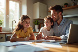 Famille souriante autour d une table de cuisine ensoleillée