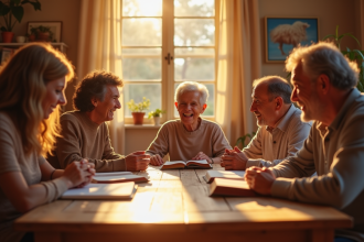 Famille multigenerational autour d'un dîner avec Bibles ouvertes