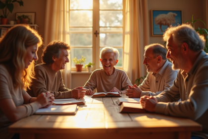 Famille multigenerational autour d'un dîner avec Bibles ouvertes