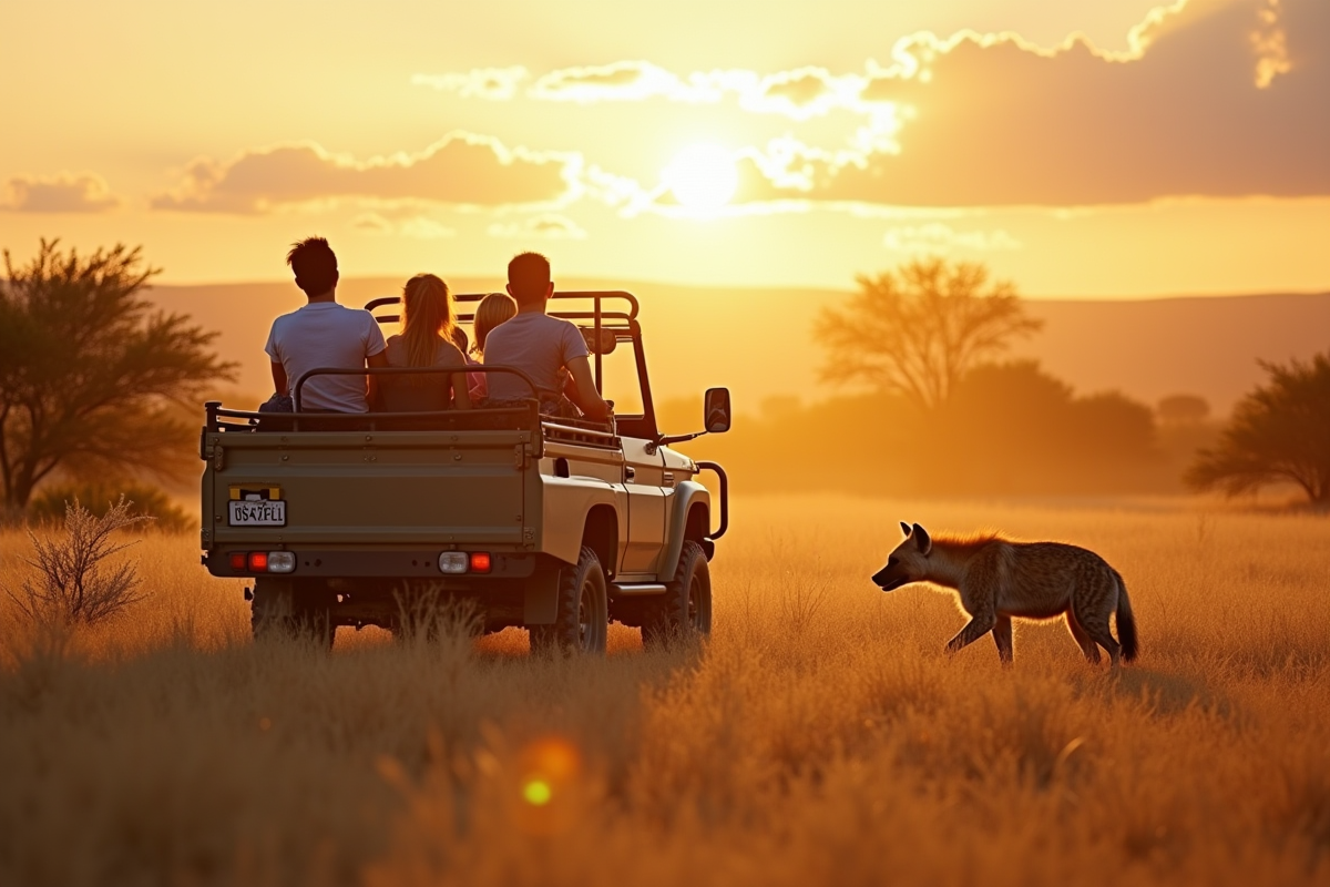 Famille en safari observant une hyene au soleil