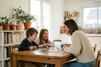 Mère et enfants profitant d'un moment en famille autour d'un jeu de société grâce aux services ménagers à domicile à Saint-Leu-la-Forêt