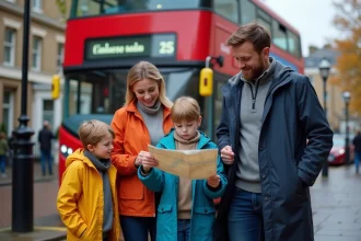 Famille britannique en vacances scolaires devant un bus rouge londonien en automne