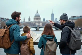 Famille en vacances scolaires sur le Millennium Bridge à Londres avec vue sur la cathédrale Saint-Paul
