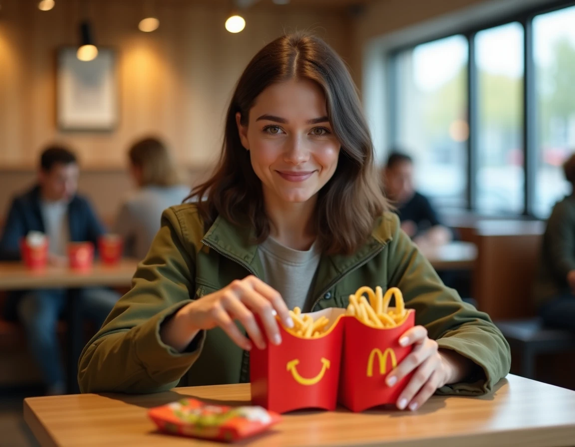 Femme adulte découvrant un Happy Meal McDonald's France avec sourire nostalgique