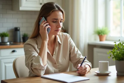 Femme au foyer en attente téléphonique avec Pajemploi, assise dans une cuisine moderne avec un carnet de notes