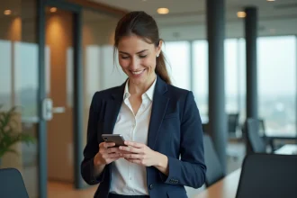 Femme d'affaires souriante lisant un message d'anniversaire