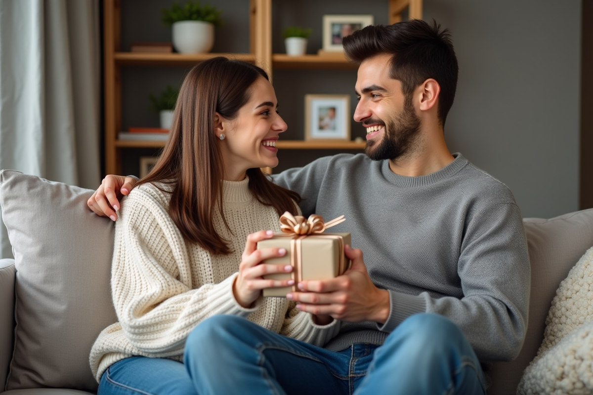 Femme offrant un cadeau à son mari dans un salon chaleureux
