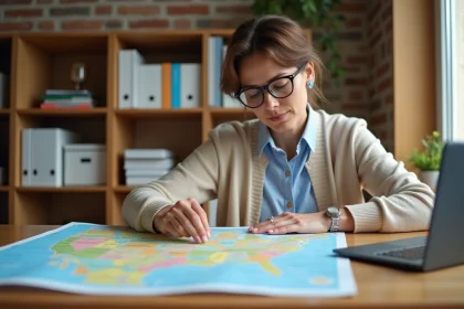 Femme consultant une carte détaillée des zones scolaires par académie sur un bureau à domicile