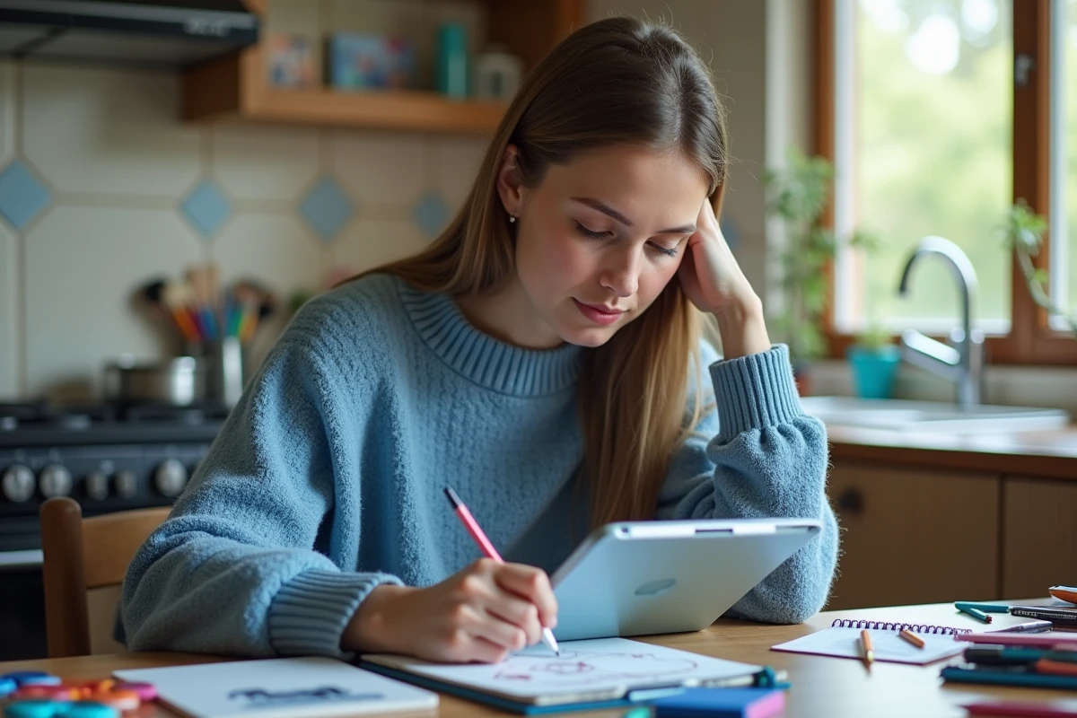 Femme dessinant un véhicule de cartoon dans la cuisine