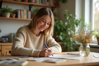 Femme souriante écrivant un texte d'anniversaire original à la main sur une carte, entourée de photos souvenirs et de fleurs sauvages sur une table en bois