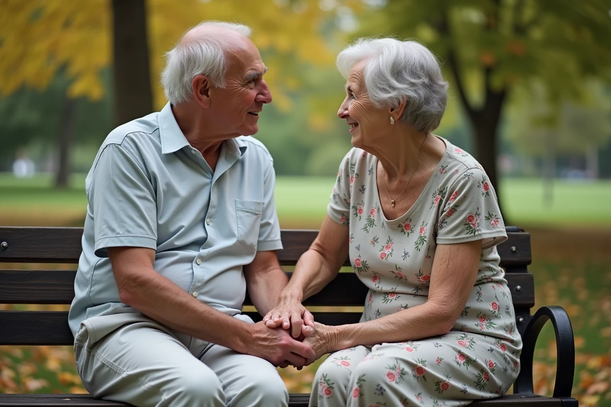 Femme âgée et son fils assis sur un banc dans un parc