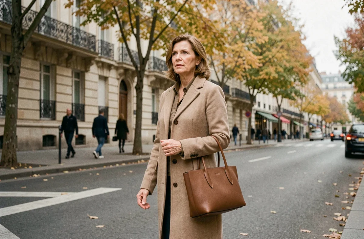Femme élégante marchant sur un boulevard parisien en automne, évoquant la personnalité discrète de l'épouse d'un grand journaliste