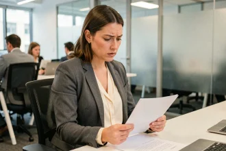 Femme enceinte en milieu de bureau lisant un courrier de refus de congé parental avec une expression préoccupée