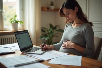 Femme enceinte en congé maternité consultant des documents administratifs à la maison, illustrant les démarches pour le chômage non indemnisé
