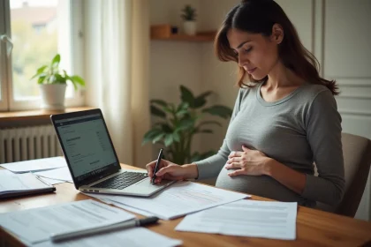 Femme enceinte en congé maternité consultant des documents administratifs à la maison, illustrant les démarches pour le chômage non indemnisé