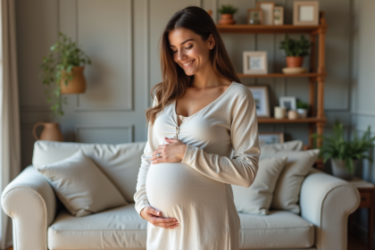 Femme enceinte souriante dans son salon confortable