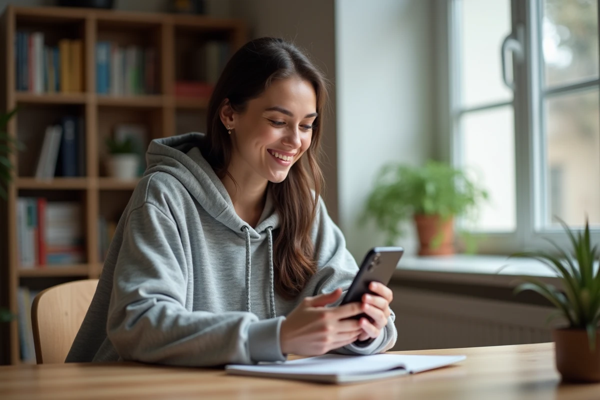 Une jeune femme souriante qui envoie un message affectueux à sa cousine préférée depuis son bureau à la maison