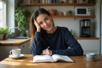 Femme écrivant dans un journal dans une cuisine lumineuse