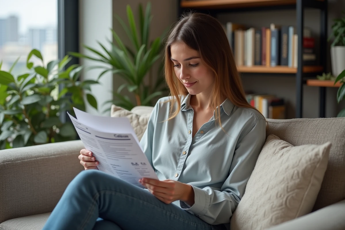 Jeune femme réfléchissant en comparant des papiers dans un salon