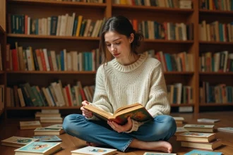 Jeune femme lisant une édition illustrée du Petit Poucet entourée de livres pour enfants dans une librairie chaleureuse