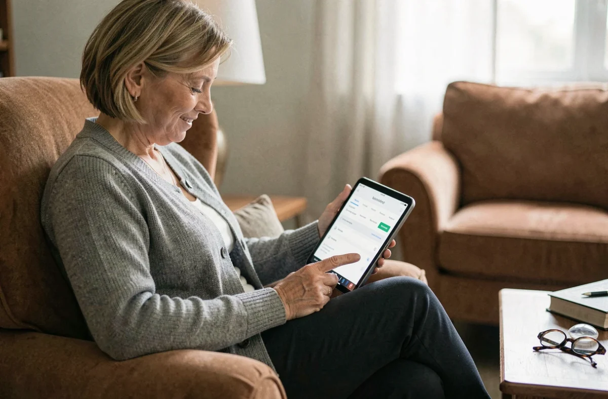 Femme mature consultant sa liste de souhaits et les réglages de son compte sur une tablette dans un salon